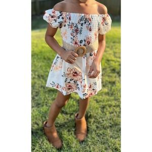 Toddler Girls Floral Print Puff Sleeve Shirred Dress With Belt